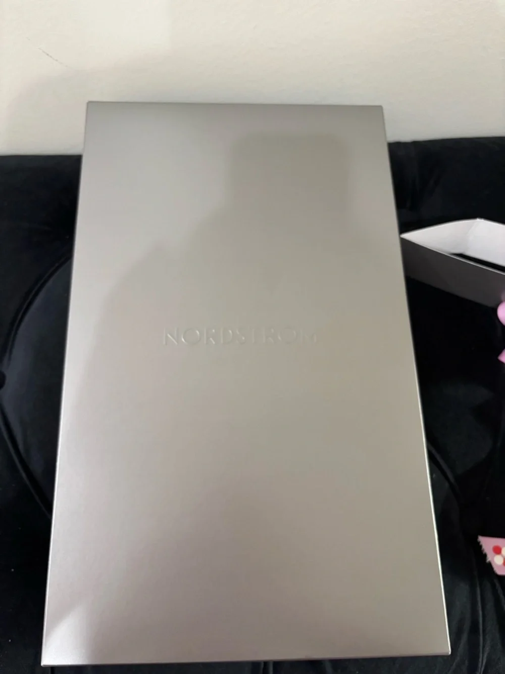 Nordstrom Silver Box with Pink Polka-Dot Ribbon
